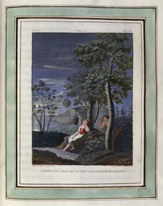 Lamentos de Cloe que se cree abandonada por Dafnis. Dibujo de Philippe d