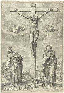 Cristo en la cruz flanqueado por María y Juan en un paisaje