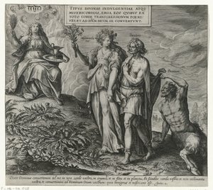 Alegoría sobre boetedoening en berouw Boetedoening en berouw in het Oude Testament en het Nieuwe Testament (título de la serie) El tipo de indulgencia y misericordia Divina, hacia aquellos que con todo su corazón se arrepienten de su transgresión y se vuel de Philips Galle (attributed to workshop of)