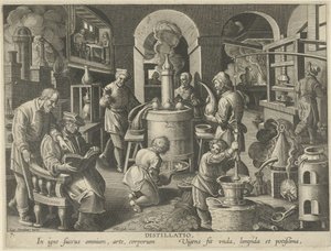 Destilación Destilación (título sobre el objeto) Nuevos inventos y descubrimientos (título de la serie) Nova Reperta (título de la serie) de Philips Galle (attributed to workshop of)