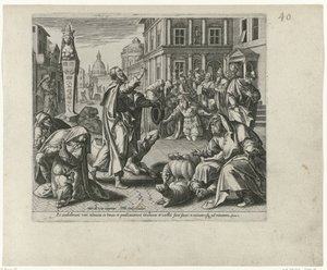 Jonah proclama sobre el ondergang van Nineveh Boetedoening en berouw in het Oude Testament en het Nieuwe Testament (título de la serie) Un tipo de perdón y misericordia divinos, hacia aquellos que se arrepienten de sus transgresiones con todo su corazón y  de Philips Galle (attributed to workshop of)