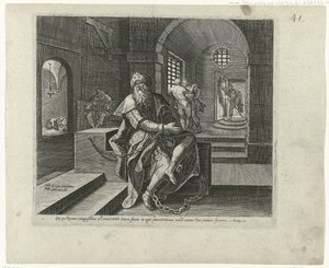 Koning Manasse en prisión Boetedoening en berouw in het Oude Testament en het Nieuwe Testament (título de la serie) El tipo de indulgencia y misericordia Divina, hacia aquellos que se arrepienten de sus transgresiones con todo su corazón y se vuelven a Dio de Philips Galle (attributed to workshop of)