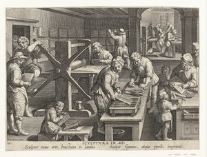 Producción de grabados en cobre. Scvlptvra en aes (título en objeto) Nuevos inventos y descubrimientos (título de la serie) Nova Reperta (título de la serie) de Philips Galle (attributed to workshop of)
