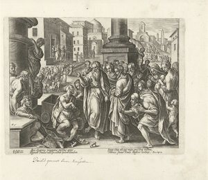 Pablo cura a un lisiado en Listra Hechos de los Apóstoles (título de la serie) Acta Apostolorum (título de la serie) de Philips Galle (possibly)