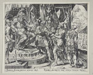 Aquir rogando a Holofernes por los israelitas de Philips Galle