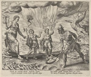 El trabajo se recompensa con comida y ropa. Recompensas para el trabajo y la industria (título de la serie) de Philips Galle