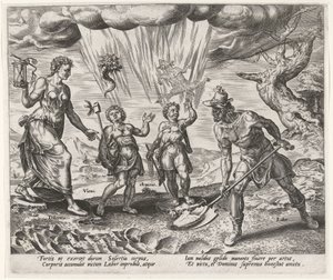 El trabajo se recompensa con comida y ropa. Recompensas para el trabajo y la industria (título de la serie) de Philips Galle