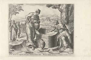 Cristo y la mujer samaritana en el pozo Seis escenas con Cristo y mujeres de los Evangelios (título de la serie) de Philips Galle