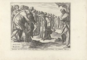 Cristo sana a una mujer con pérdida de sangre Seis escenas con Cristo y mujeres de los Evangelios (título de la serie) de Philips Galle