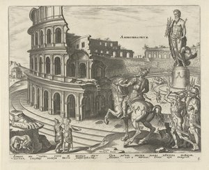 Coliseo en Roma Anfiteatro (título sobre objeto) Las Ocho Maravillas del Mundo. (título de la serie)