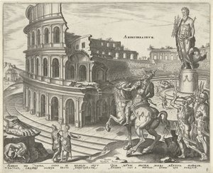 Coliseo en Roma Anfiteatro (título sobre objeto) Las Ocho Maravillas del Mundo. (título de la serie) de Philips Galle
