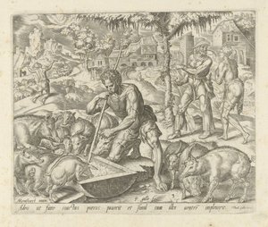 El hijo pródigo como Swineherd Parábola del hijo pródigo (título de la serie) de Philips Galle