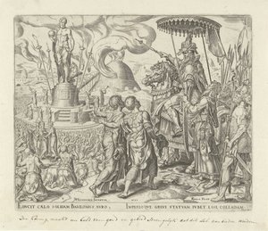 Nabucodonosor, enfurecido, ordena que le traigan a Sadrac, Mesac y Abed-nego Historia de Sadrac, Mesac y Abednego (título de la serie) de Philips Galle