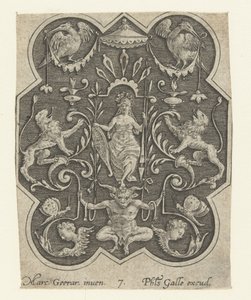 Mujer con casco, escudo y lanza
Decoraciones planas con grotescos sobre fondo sombreado (título de la serie) de Philips Galle
