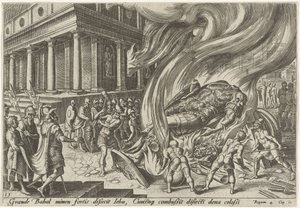 Jehú destruye el templo y la imagen de Baal Los días de la perdición del pueblo judío (título de la serie) de Philips Galle