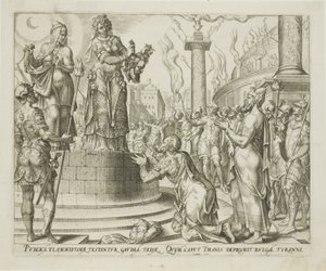 Judit mostrando la cabeza de Holofernes al pueblo de Betulia, lámina siete de La historia de Judit y Holofernes.
