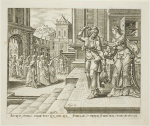 Judith preparándose para partir hacia el campamento de los enemigos, lámina cuatro de La historia de Judith y Holofernes. de Philips Galle
