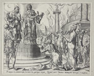 Judith mostrando la cabeza de Holofernes al pueblo de Betulia de Philips Galle