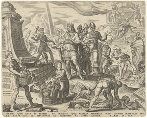 El rey Josías hace profanar el lugar de los sacrificios en Betel Historia del rey Josías (título de la serie) de Philips Galle