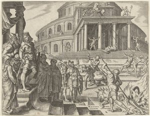 El rey Josías hace quitar los caballos y los carros en honor al sol Historia del rey Josías (título de la serie) de Philips Galle