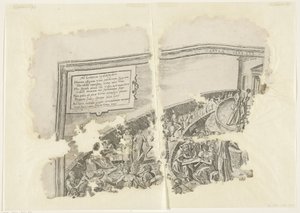 Esquina superior izquierda de una impresión de la escena de Cebes Tabula Cebetis Carta Vitae (título sobre el objeto)