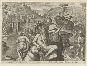 Nachtelijk vissen met een hengel Jachttaferelen (título de la serie) En el que todo tipo de caza, caza de aves y pesca (título de la serie) de Philips Galle