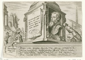 Retrato de Maarten van Heemskerck sobre el pedestal de una columna Los días de la perdición del pueblo judío (título de la serie) de Philips Galle
