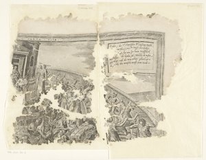 Esquina superior derecha de una impresión de la escena de Cebes Tabula Cebetis Carta Vitae (título sobre el objeto) de Philips Galle