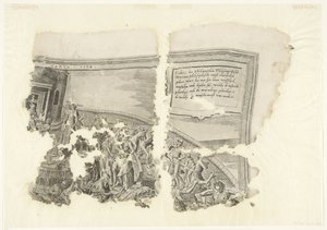 Esquina superior derecha de una impresión de la escena de Cebes Tabula Cebetis Carta Vitae (título sobre el objeto) de Philips Galle
