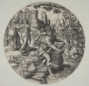 Sansón desgarrando al león de Philips Galle