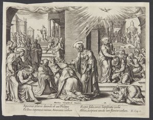 San Pedro, San Juan y San Felipe imponiendo las manos a los bautizados en Samaria de Philips Galle
