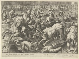 Stierengevecht Jachttaferelen (título de la serie) En el que todo tipo de caza, caza de aves y pesca (título de la serie) de Philips Galle