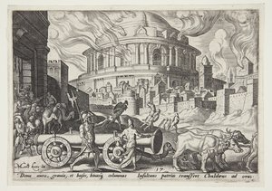 Los caldeos llevándose los pilares del templo de Jerusalén de Philips Galle