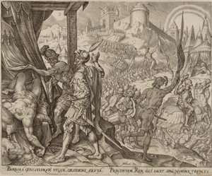 El descubrimiento del cadáver de Holofernes, lámina ocho de La historia de Judith y Holofernes. de Philips Galle