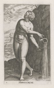 Waternimf hipocreno Hippocrene (título sobre el objeto) Stroom- una ninfa de agua (título de la serie) Nympharum oceanitidum, Ephydridum potamidum naiadum (título de la serie) de Philips Galle