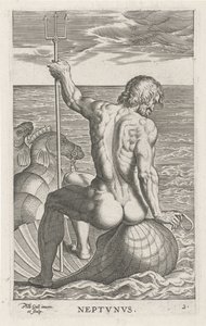 Zeegod Neptuno Neptvnvs (título sobre el objeto) Rivier-en zeegoden (título de la serie) Imágenes bellamente escritas de los semidioses de los Marini y sus amigos (título de la serie) de Philips Galle