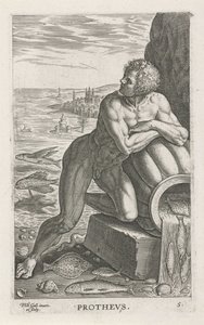 Zeegod Proteo Prothevs (título sobre el objeto) Rivier-en zeegoden (título de la serie) Imágenes bellamente escritas de los semidioses de los Marini y sus amigos (título de la serie) de Philips Galle