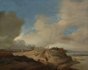 Paisaje de dunas con un poste de señales de Philips Wouwerman