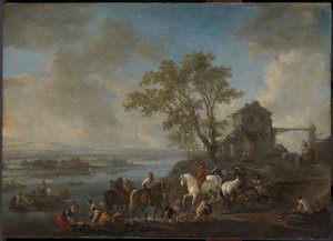 Estanque de caballos en un río de Philips Wouwerman