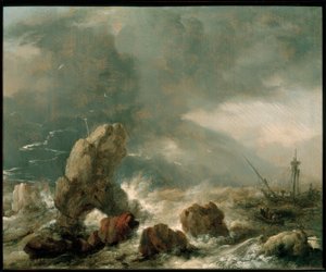 Mar tormentoso con tres barcos en peligro de Philips Wouwerman
