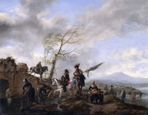 Un extenso paisaje fluvial con soldados y un abanderado abrevando sus caballos
