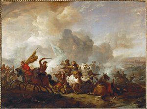 Escaramuza a caballo entre orientales e imperiales ... de Philips Wouwermans or Wouwerman