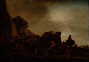 Viajeros y mendigos junto a una choza en ruinas de Philips Wouwermans or Wouwerman