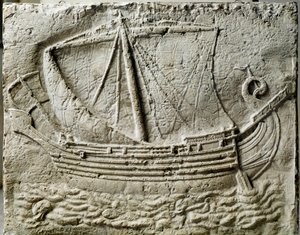 Arte fenicio: bajorrelieve de sarcófago representando un barco mercante. Del antiguo puerto de Sidón (Saidoon) en Líbano. París, Museo del Louvre