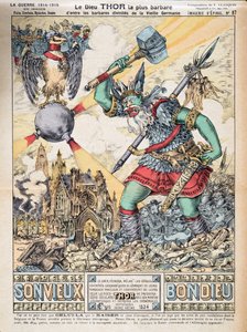 El dios Thor, el más bárbaro entre las divinidades bárbaras de la Vieja Germania, de Historia de la Tercera República, Vol. I, la Historia Política, pub.1933 (litografía en color)