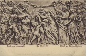 El regreso a casa, relieve en el Nationaldenkmal, monumento que conmemora la unificación de Alemania, Rudesheim am Rhein, Hesse