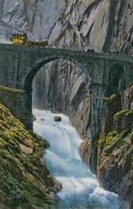 Carruaje cruzando el Teufelsbrucke por el desfiladero de Schollenen en Suiza. Postal enviada en 1913.