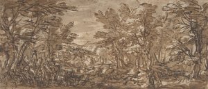 Escena forestal, una parada a la izquierda, una caza en el centro, 1612-66