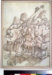""El concierto"" Caricatura que representa un concierto de cinco músicos (quinteto) en el laúd, violín, piano, violonchelo. Dibujo con pluma y tinta de Pier Leone Ghezzi (1674-1755) Museo Pushkin del siglo XVIII, Moscú de Pier Leone Ghezzi