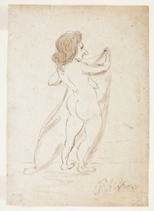 Mujer desnuda de pie sujetando un velo